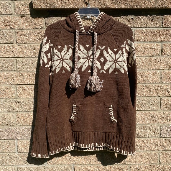 Vintage Tops - Vintage Y2K Fair Isle Snowflake Knit Brown Hoodie Sweater Tassels Large Cabin